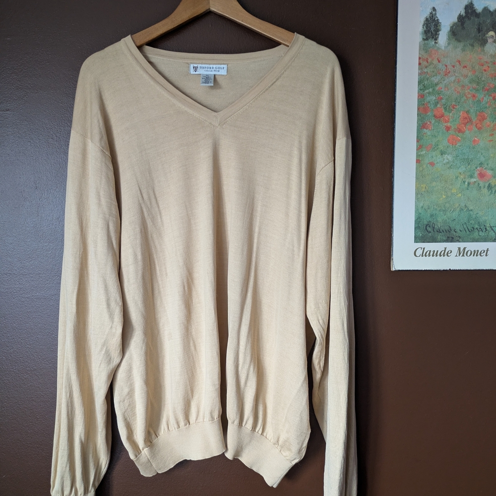 Silk And Cotton Oxford Golf Tan V-Neck Sweater